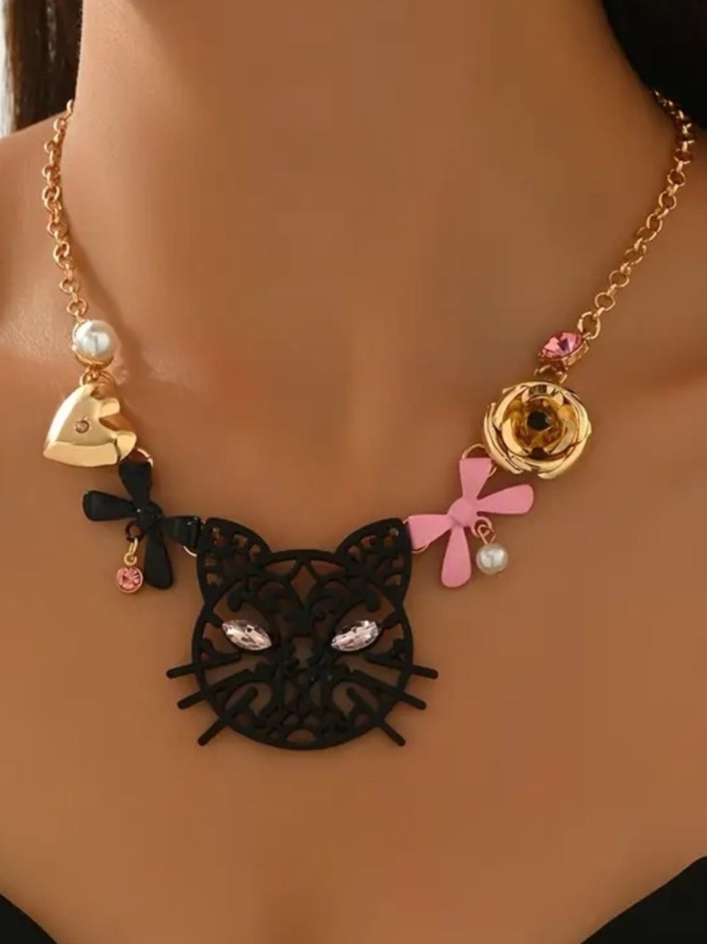 Cute Cat Filigree Pendant Necklace in Black, Pink & Gold